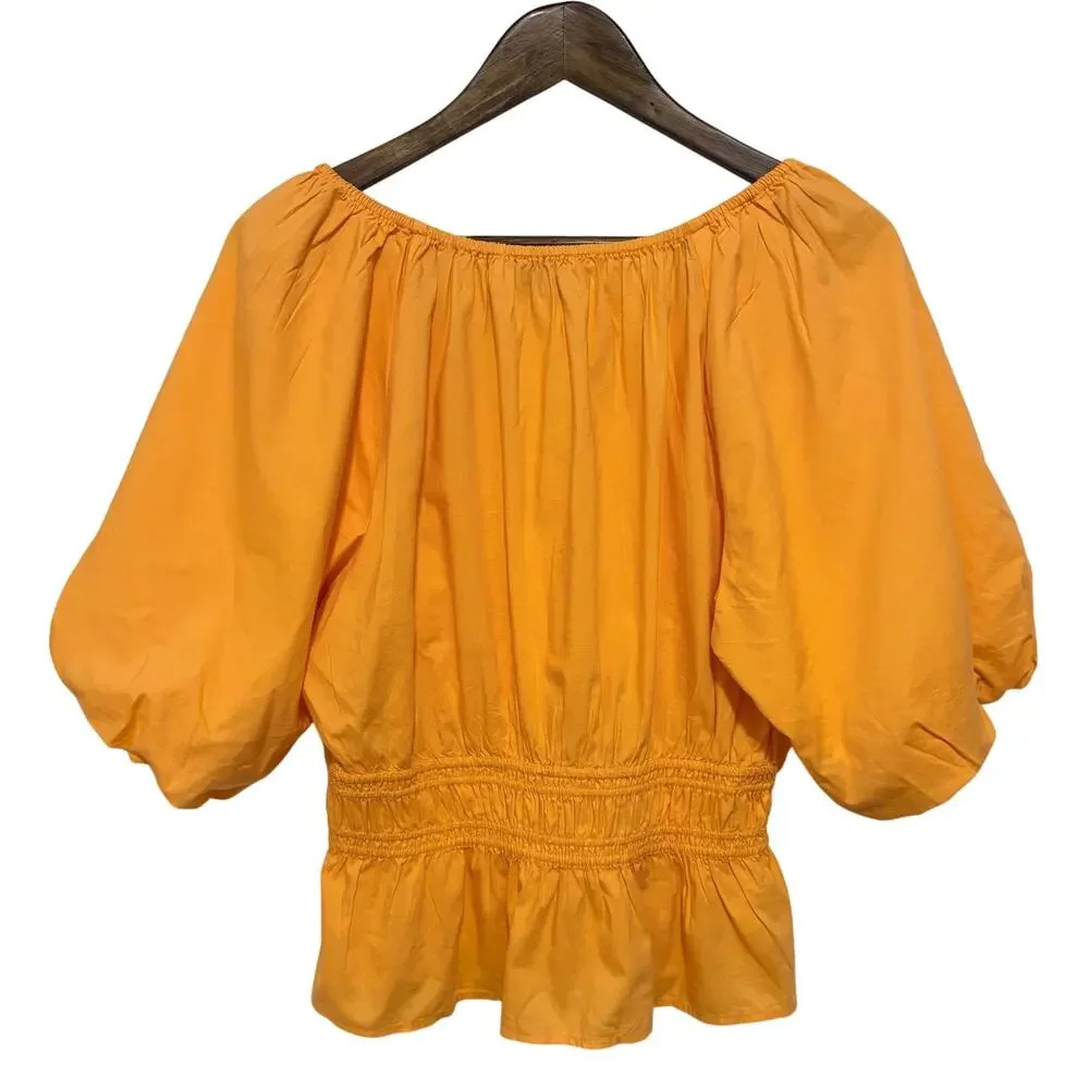 LOFT Bright Orange Smocked Peasant Puff Sleeve Peplum Blouse Women’s L